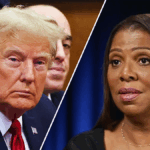 Split image of Donald Trump and Letitia James during heated Letitia James Trump appeal battle.