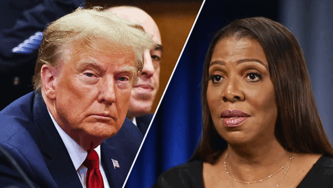 Split image of Donald Trump and Letitia James during heated Letitia James Trump appeal battle.