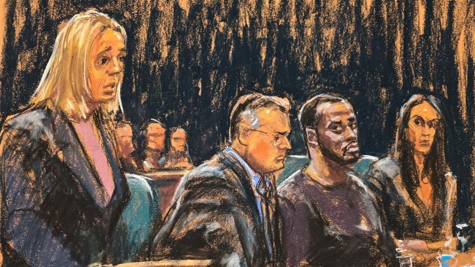 P Diddy sits in court with his legal team during the P Diddy sentencing hearing, as lawyers present arguments and the courtroom observes.
