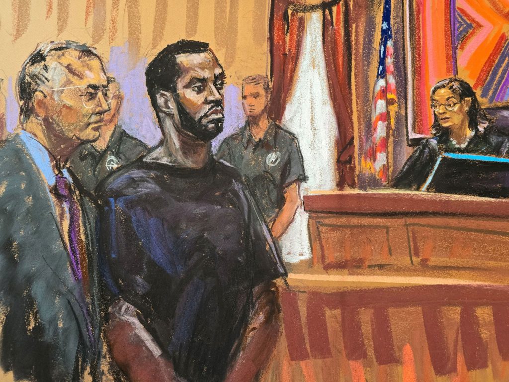 A courtroom sketch of P Diddy standing before a judge during the P Diddy sentencing, flanked by his attorney and security personnel.