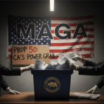 Political illustration showing a large "MAGA" banner, a sign reading "PROP 50: CA'S POWER GRAB," and gloved hands reaching into a blue ballot box
