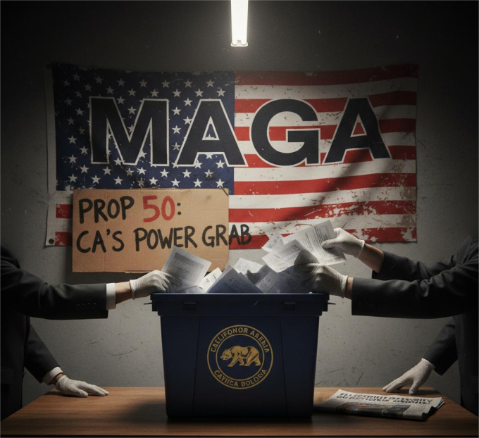 Political illustration showing a large "MAGA" banner, a sign reading "PROP 50: CA'S POWER GRAB," and gloved hands reaching into a blue ballot box