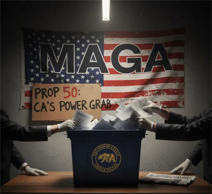 Political illustration showing a large "MAGA" banner, a sign reading "PROP 50: CA'S POWER GRAB," and gloved hands reaching into a blue ballot box