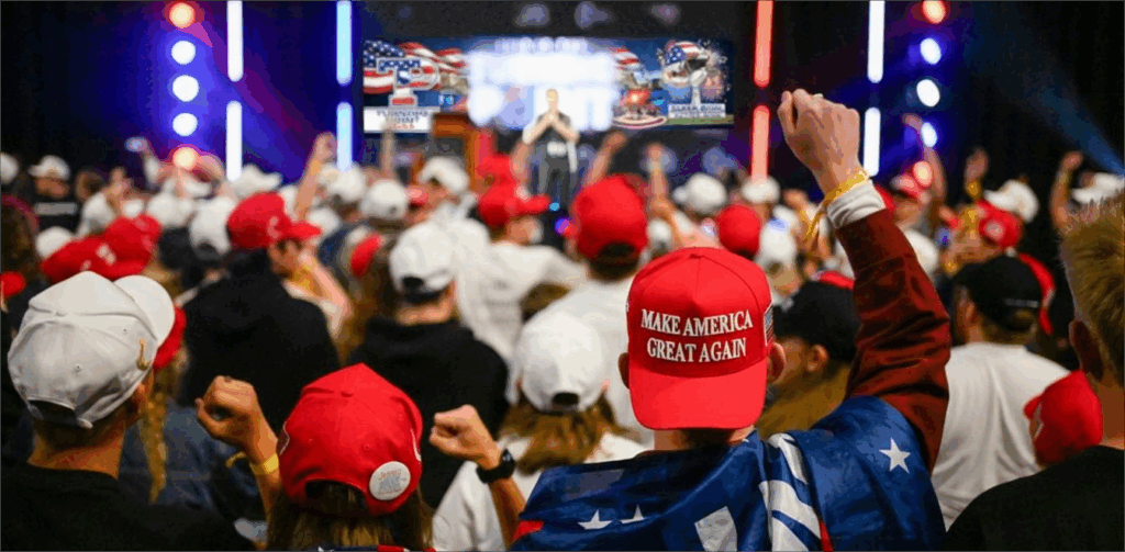 Crowd of people wearing MAGA hats and patriotic clothing ready for Turning Point USA Halftime Show 2026, raising fists in support during a conservative rally.