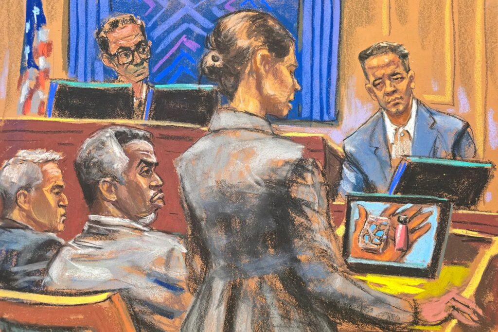 Courtroom sketch showing a Sean Diddy  Combs lawyer presenting evidence on a screen to a him in a blue suit, with other observers seated nearby