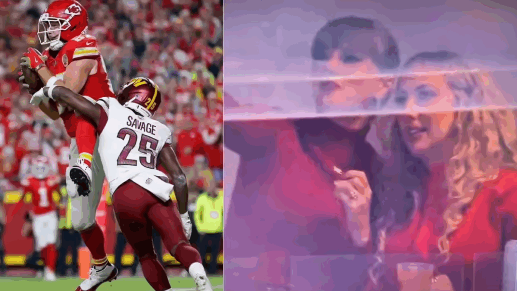 Split image showing NFL player Travis Kelce catching a football on the left, and on the right, Taylor Swift watching from a box, potentially reacting to a Travis Kelce Touchdown Dance.