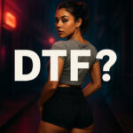 A dark, moody, cinematic photo of a young woman standing in what appears to be an alleyway or subway platform with red neon lights in the background. She is wearing a gray t-shirt and black shorts, looking back over her shoulder at the camera. The large, white text "DTF?" is overlaid on the image.