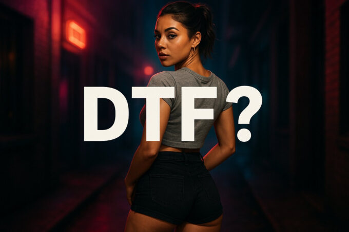 A dark, moody, cinematic photo of a young woman standing in what appears to be an alleyway or subway platform with red neon lights in the background. She is wearing a gray t-shirt and black shorts, looking back over her shoulder at the camera. The large, white text "DTF?" is overlaid on the image.