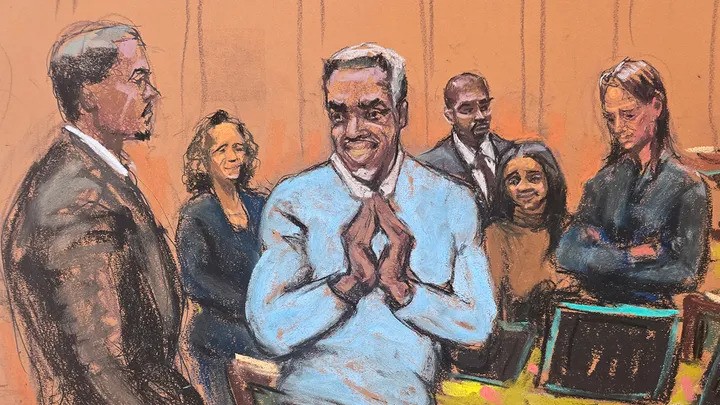 Courtroom sketch showing a Sean Diddy  Combs  with a tearful apology, admitting to some “disgusting” behavior toward his ex, Cassie Ventura