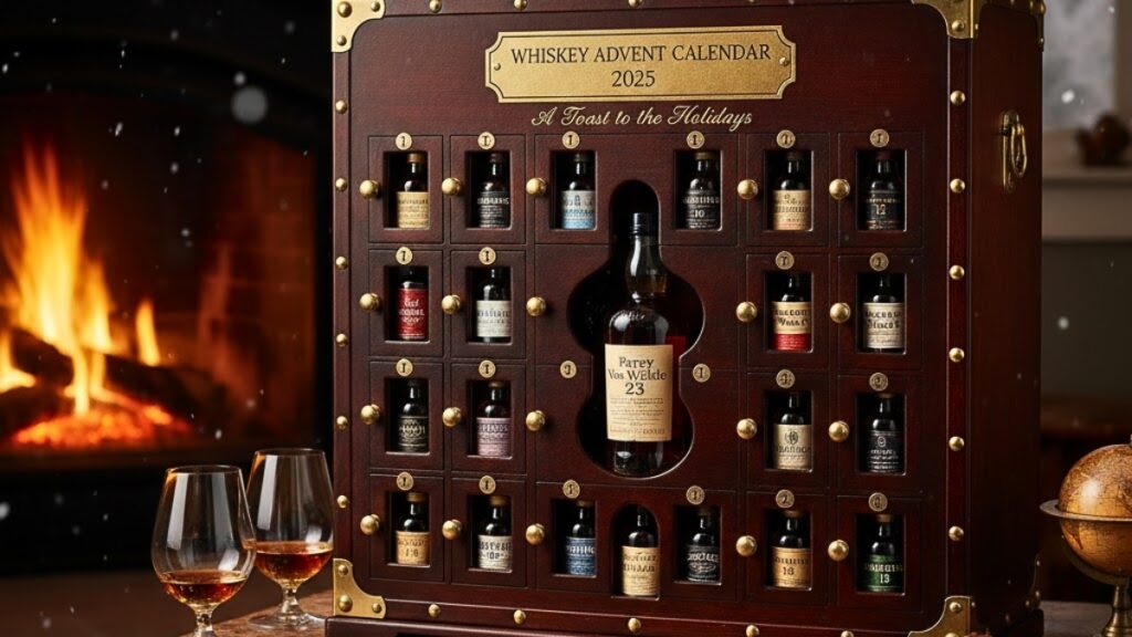 A close-up view of a dark wood Advent Calendar 2025 featuring 24 small doors containing miniature whiskey bottles, set next to two glasses of whiskey and a fireplace in the background.