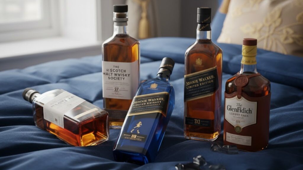 A collection of four premium whiskey bottles (The Scotch Malt Whisky Society, Johnnie Walker Blue Label, Johnnie Walker Limited Edition, and The Glenfiddich Luxury Cask) displayed on a blue quilted blanket, hinting at a luxury Advent Calendar 2025 experience.