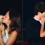 A split image showing Charles Leclerc and Alexandra Saint Mleux: on the left, they are kissing a small dog she is holding, and on the right, they are kissing each other, with an engagement ring visible on Alexandra's finger.