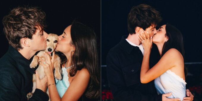 A split image showing Charles Leclerc and Alexandra Saint Mleux: on the left, they are kissing a small dog she is holding, and on the right, they are kissing each other, with an engagement ring visible on Alexandra's finger.