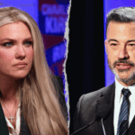 A split image featuring Erika Kirk, wife of Charlie Kirk, on the left, looking directly at the camera, and late-night host Jimmy Kimmel on the right, speaking at a microphone. The image relates to her appearance on Jesse Watters Primetime.