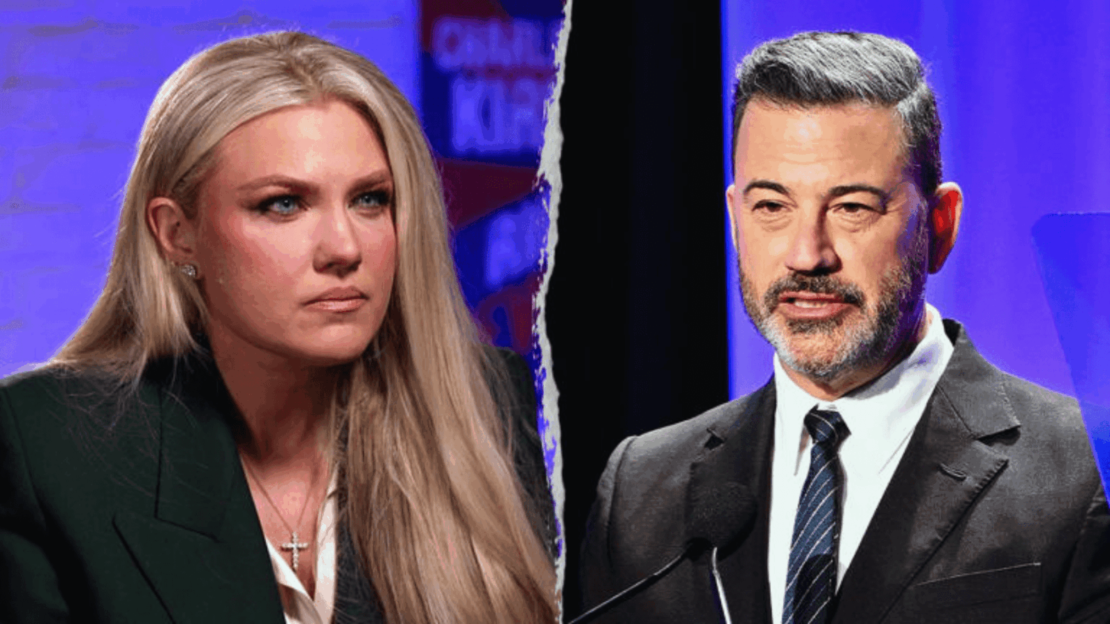 A split image featuring Erika Kirk, wife of Charlie Kirk, on the left, looking directly at the camera, and late-night host Jimmy Kimmel on the right, speaking at a microphone. The image relates to her appearance on Jesse Watters Primetime.