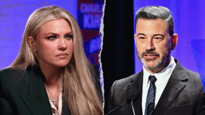 A split image featuring Erika Kirk, wife of Charlie Kirk, on the left, looking directly at the camera, and late-night host Jimmy Kimmel on the right, speaking at a microphone. The image relates to her appearance on Jesse Watters Primetime.