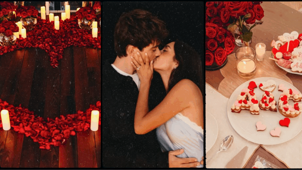 A triptych showing scenes from an engagement: on the left, a heart shape made of red rose petals and candles on a wooden floor; in the center, a close-up of Charles Leclerc and Alexandra Saint Mleux kissing, showing an engagement ring; and on the right, a table with cookies and red roses.