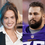 Social media influencer and model Haley Baylee (Haley Kalil) smiling next to a photo of her ex-husband, former NFL player Matt Kalil, in a Minnesota Vikings jersey. Haley Baylee Ex Husband