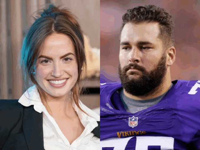 Social media influencer and model Haley Baylee (Haley Kalil) smiling next to a photo of her ex-husband, former NFL player Matt Kalil, in a Minnesota Vikings jersey. Haley Baylee Ex Husband