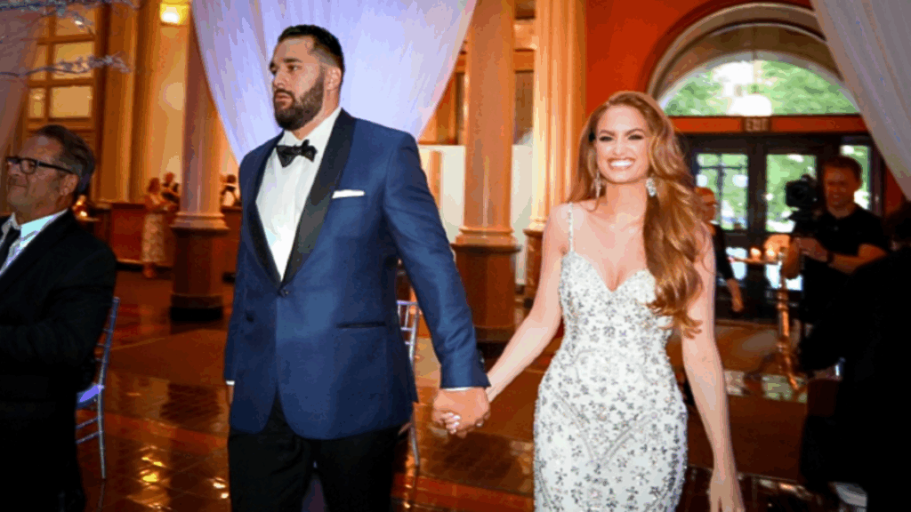 Social media influencer and model Haley Baylee (Haley Kalil) and her ex-husband, former NFL player Matt Kalil, holding hands and walking at their wedding. Haley Baylee Ex Husband