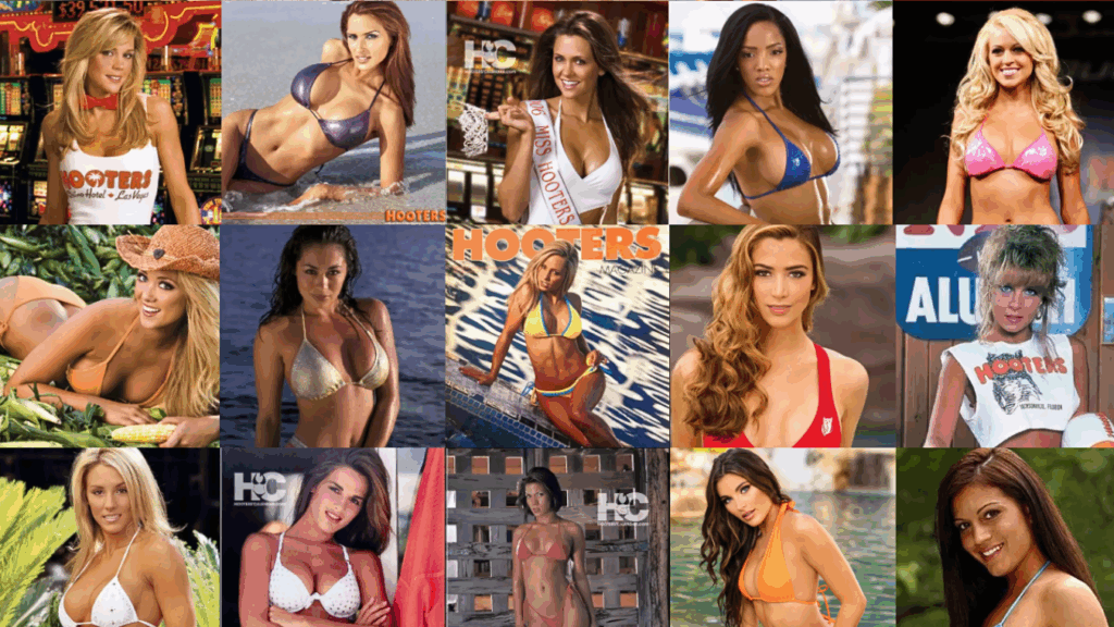 A grid collage of 15 archival or promotional images featuring various Hooters Girls in different poses and outfits, including bikinis, tank tops, and pageant sashes.