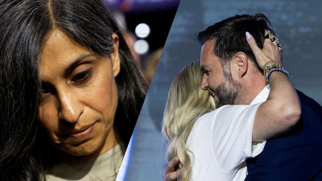 JD Vance Erika Kirk Hug: A split photo contrasting the emotional hug between JD Vance and Erika Kirk on the right with a serious, close-up portrait of a woman (Usha Vance) looking down on the left, used to illustrate rumors related to the viral embrace.