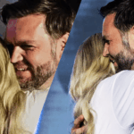 A split-screen image showing two different angles of JD Vance and Erika Kirk in a close embrace on a brightly lit stage. Kirk's blonde hair is prominent in the foreground of both photos.