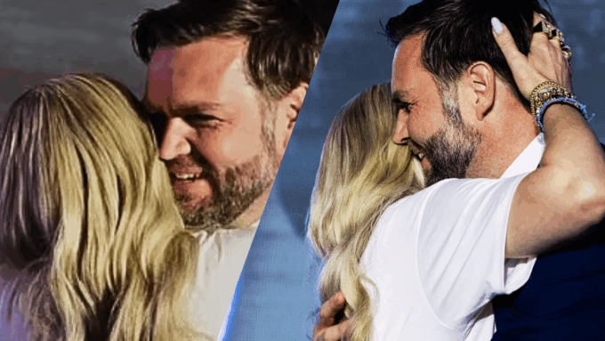 A split-screen image showing two different angles of JD Vance and Erika Kirk in a close embrace on a brightly lit stage. Kirk's blonde hair is prominent in the foreground of both photos.