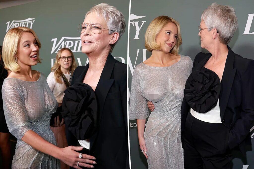 A side-by-side photo collage of actress Sydney Sweeney (left), wearing a sheer silver dress, and actress Jamie Lee Curtis (right), wearing a black suit jacket with a prominent black floral appliqué. In both pictures, they are engaged in conversation, with Jamie Lee Curtis looking toward Sydney Sweeney with a warm, expressive smile.