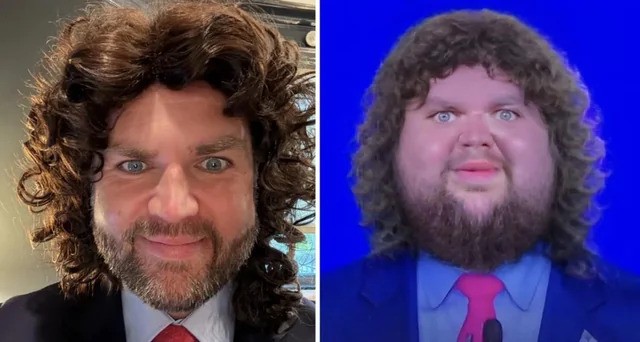 A split image comparing a man (a comedian or impersonator) wearing a large, curly brown wig that resembles JD Vance's distinctive hairstyle on the left, with a stylized, digital caricature of a man with the same voluminous hair on the right.