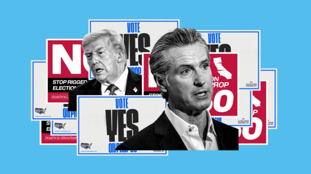 A composite image featuring black and white portraits of President Donald Trump and California Governor Gavin Newsom overlaid on multiple "VOTE YES ON PROP 50" and "NO ON PROP 50" campaign signs.