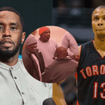A composite image featuring P Diddy on the left, former NBA player Sebastian Telfair in a Toronto Raptors jersey on the right, and a circular inset of a grainy photo showing a group of men in a prison setting in the center. The image is related to the P Diddy prison twist story involving Telfair.