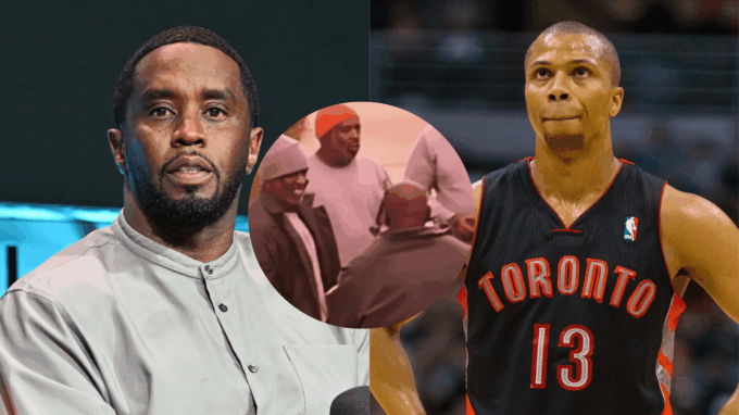 A composite image featuring P Diddy on the left, former NBA player Sebastian Telfair in a Toronto Raptors jersey on the right, and a circular inset of a grainy photo showing a group of men in a prison setting in the center. The image is related to the P Diddy prison twist story involving Telfair.