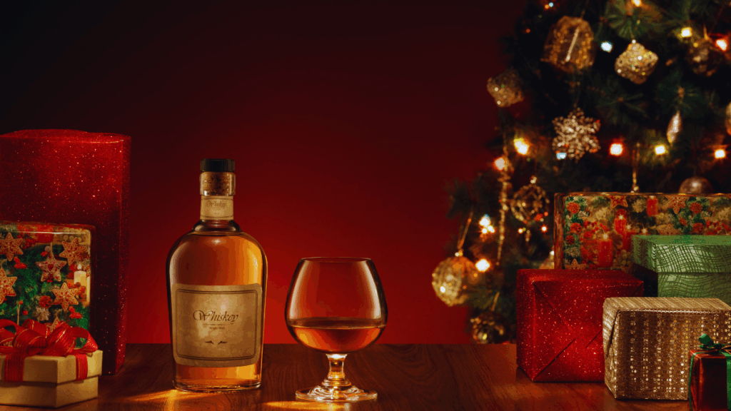 A stylized graphic featuring a collection of whiskey bottles and glasses, promoting them as Perfect Christmas Gifts For Whiskey Lovers for the holiday season.