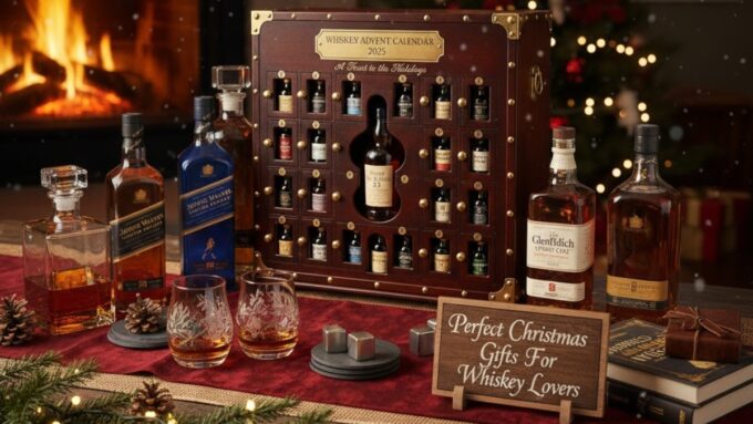 A shot of a large, wooden trunk-style Advent Calendar 2025 for whiskey, surrounded by full-sized bottles, whiskey glasses, and Christmas decorations in front of a fireplace