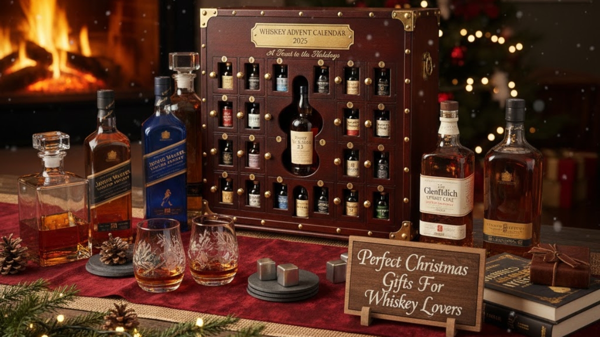 A shot of a large, wooden trunk-style Advent Calendar 2025 for whiskey, surrounded by full-sized bottles, whiskey glasses, and Christmas decorations in front of a fireplace