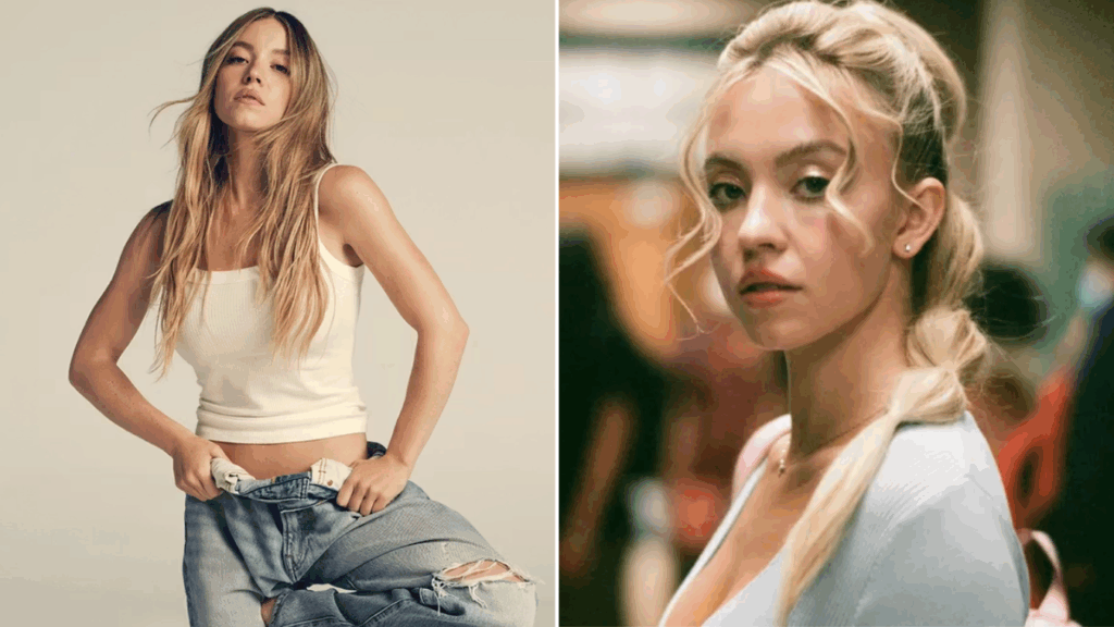 A split image showcasing Sydney Sweeney's career. The left panel is a studio shot from a Sydney Sweeney jeans ad campaign, showing her in a white tank top and ripped, baggy light-wash jeans. The right panel is a still image of her as her character Cassie Howard from the TV series Euphoria, wearing a light blue top and her hair in a high ponytail.