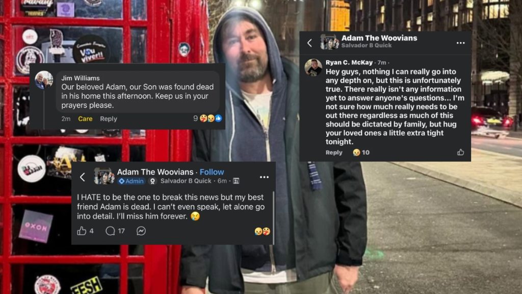 A collage featuring a photo of YouTuber Adam the Woo next to social media posts and comments from friends and family reacting to the news of his death.