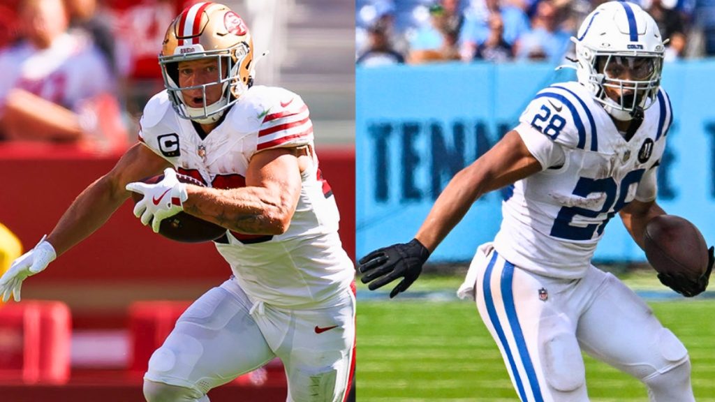 A split-screen image showing San Francisco 49ers running back Christian McCaffrey (left) in a white jersey charging forward with the football, and Chicago Bears safety Jonathan Owens (right) in a white Indianapolis Colts jersey (archival) running during a play. The pregame moment featured their wives, Olivia Culpo and Simone Biles, supporting them from the sidelines.