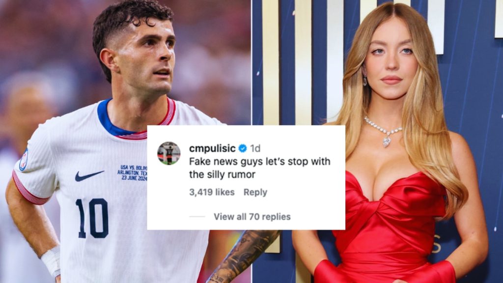 A composite image featuring American soccer player Christian Pulisic on the left in a white USA jersey and actress Sydney Sweeney on the right in a formal red dress. Overlaid in the center is a screenshot of an Instagram comment from Pulisic's verified account (@cmpulisic) that reads: "Fake news guys let’s stop with the silly rumor."