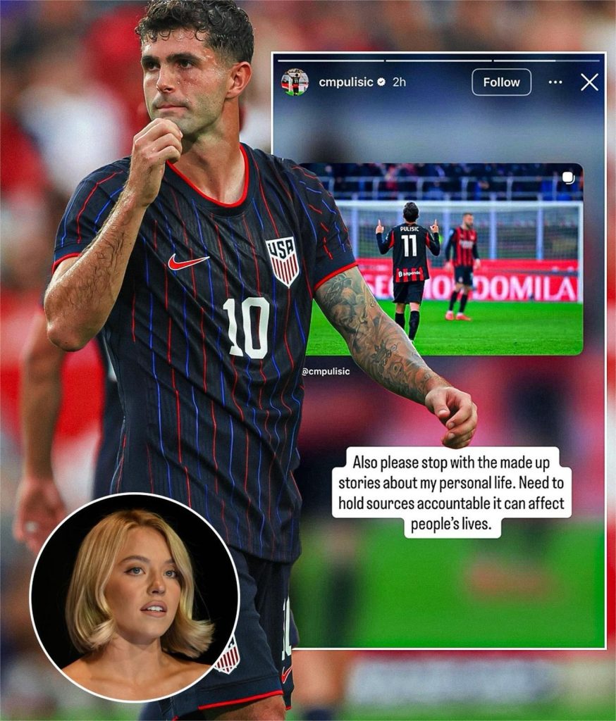 A social media graphic featuring Christian Pulisic in a pinstriped USA jersey, looking pensive with his hand to his chin. At the bottom left is a circular inset photo of Sydney Sweeney. The image includes a screenshot of an Instagram story from Pulisic with a text box that says: "Also please stop with the made up stories about my personal life. Need to hold sources accountable it can affect people’s lives."