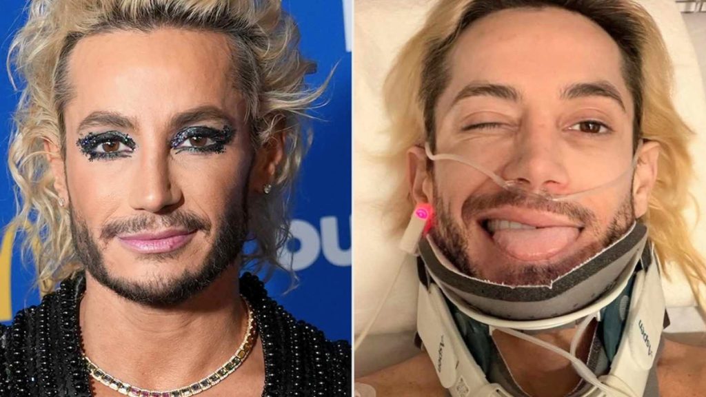 A side-by-side comparison of Frankie Grande. On the left, he is seen at an event with heavy, glittery dark eye makeup, blonde wavy hair, and a black textured top. On the right, he is shown lying in a hospital bed wearing a white and grey cervical neck brace (Aspen brand) and a nasal cannula for oxygen. He is winking and sticking his tongue out at the camera, appearing in high spirits despite the medical setting.