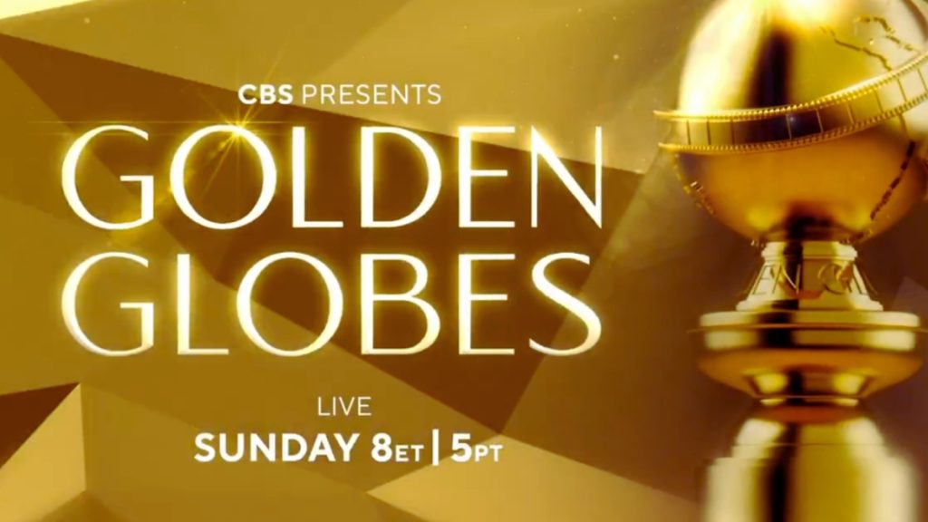 A golden and black promotional graphic for the Golden Globes event, including a large Golden Globe statuette. The graphic includes the text "CBS PRESENTS GOLDEN GLOBES LIVE SUNDAY 8ET | 5PT," and the context suggests information about the biggest snubs and shocks among the Golden Globes Nominees.