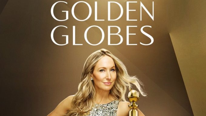 A promotional image for the Golden Globes Nominees featuring Nikki Glaser in a sparkly dress holding a Golden Globe statuette. Text above her reads "GOLDEN GLOBES." The image suggests a list of shocking nominees has been released.