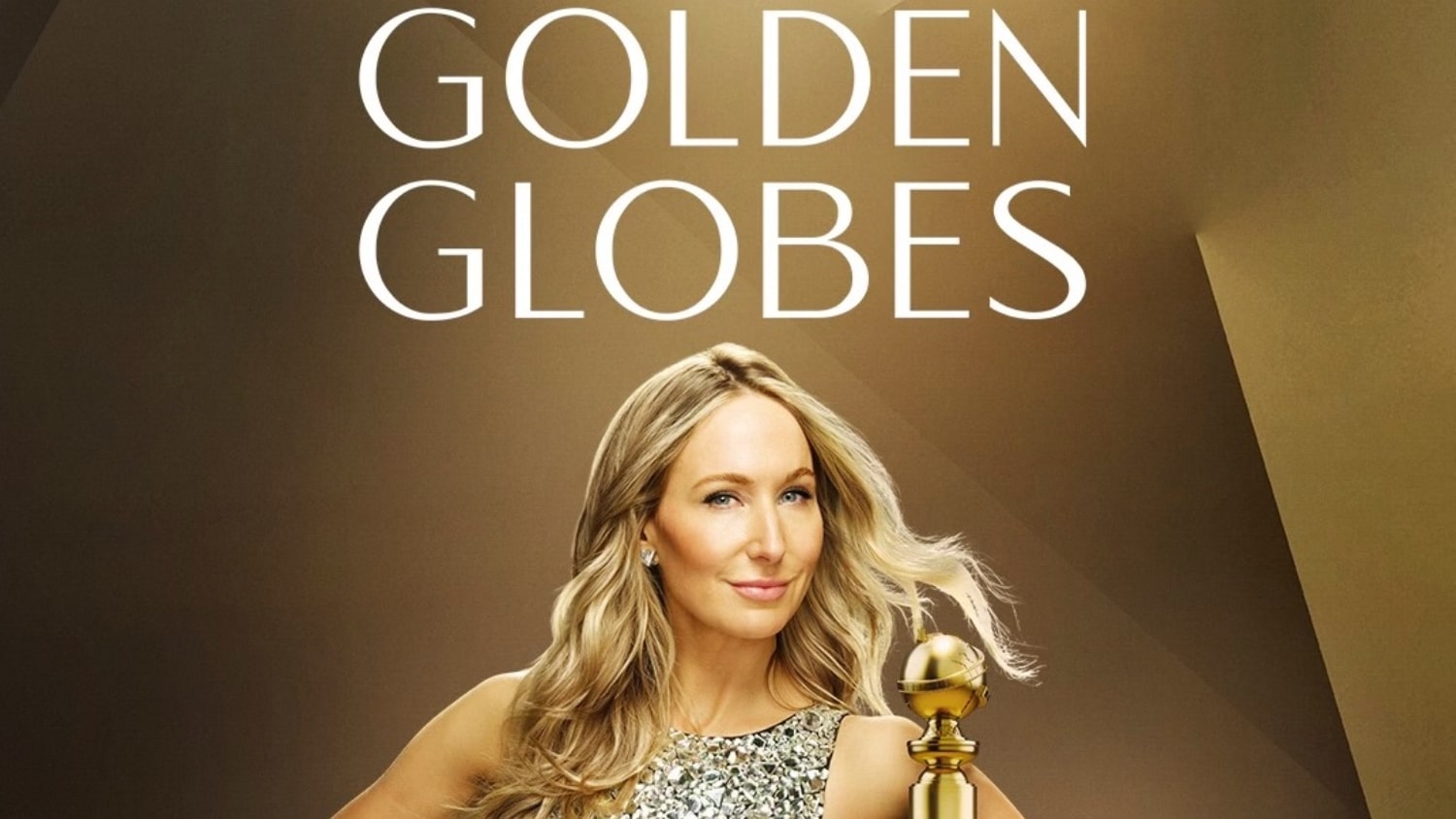 A promotional image for the Golden Globes Nominees featuring Nikki Glaser in a sparkly dress holding a Golden Globe statuette. Text above her reads "GOLDEN GLOBES." The image suggests a list of shocking nominees has been released.