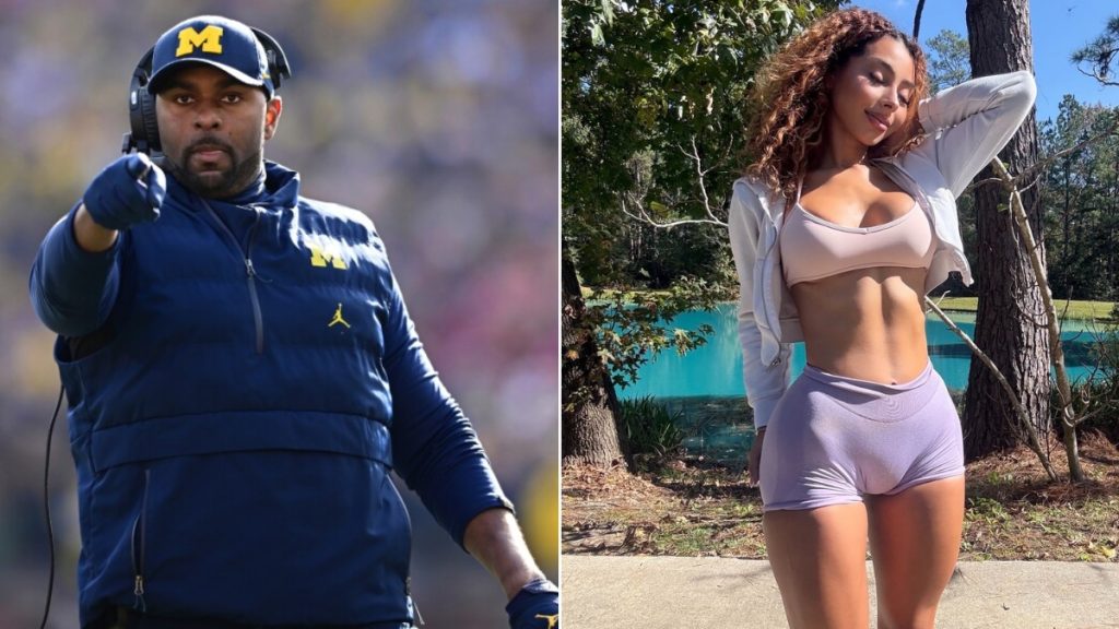 Sherrone Moore Suspended amid OnlyFans scandal, showing an image of OnlyFans creator Mia Sorety.