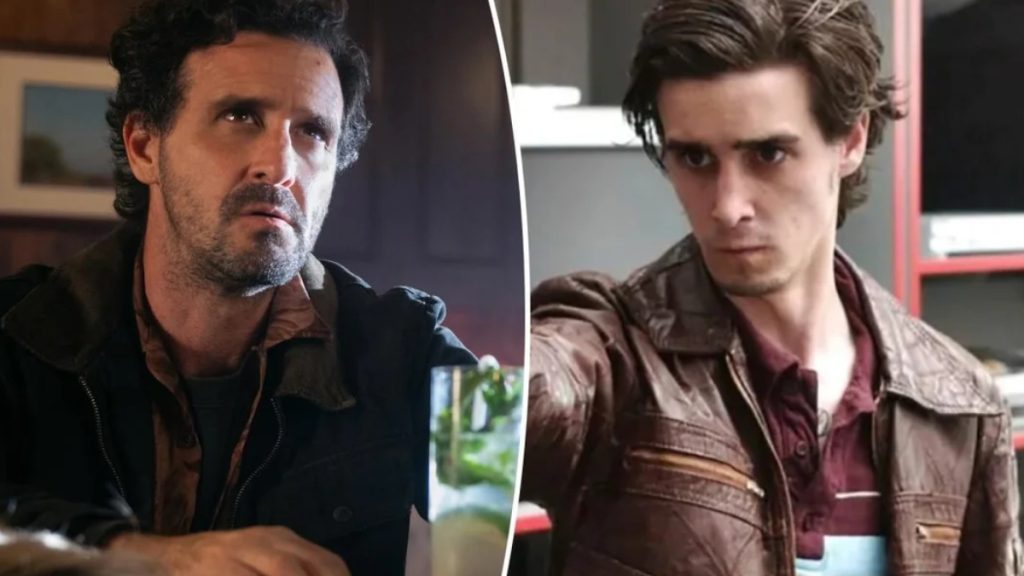 A split-screen image showing two different roles of James Ransone. On the left, an older Ransone with curly hair and a beard looks upward thoughtfully. On the right, a younger Ransone from an earlier role is shown in a leather jacket with a more intense, youthful expression.