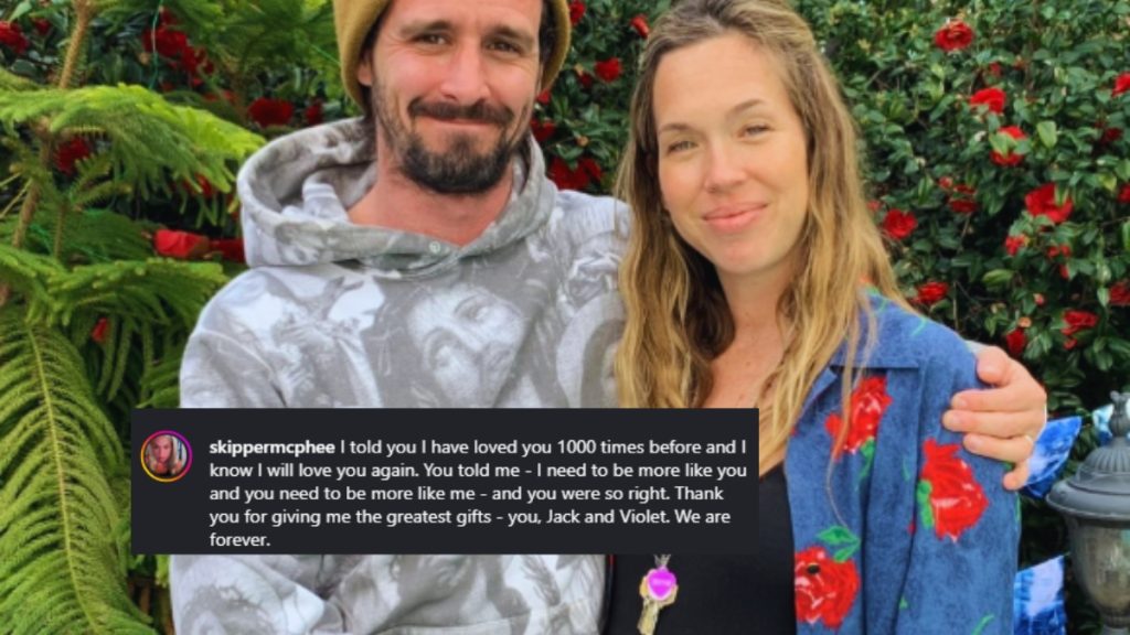 A candid outdoor photo of James Ransone wearing a beanie and a graphic hoodie with his arm around Jamie McPhee. An overlay of an Instagram comment from "skippermcphee" expresses deep love and mentions their children, Jack and Violet, over a background of green foliage and red flowers.