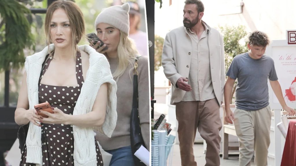 A split-screen paparazzi photo showing Jennifer Lopez in a polka-dot dress looking at her phone while Ben Affleck walks nearby with his son during a shopping trip.