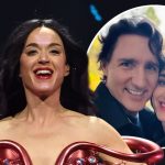A composite image. The foreground shows a smiling woman, who appears to be Katy Perry, in a red bejeweled outfit on a stage. Over her right shoulder, there is a circular inset photo of her smiling closely next to a man, who appears to be Justin Trudeau, outdoors.